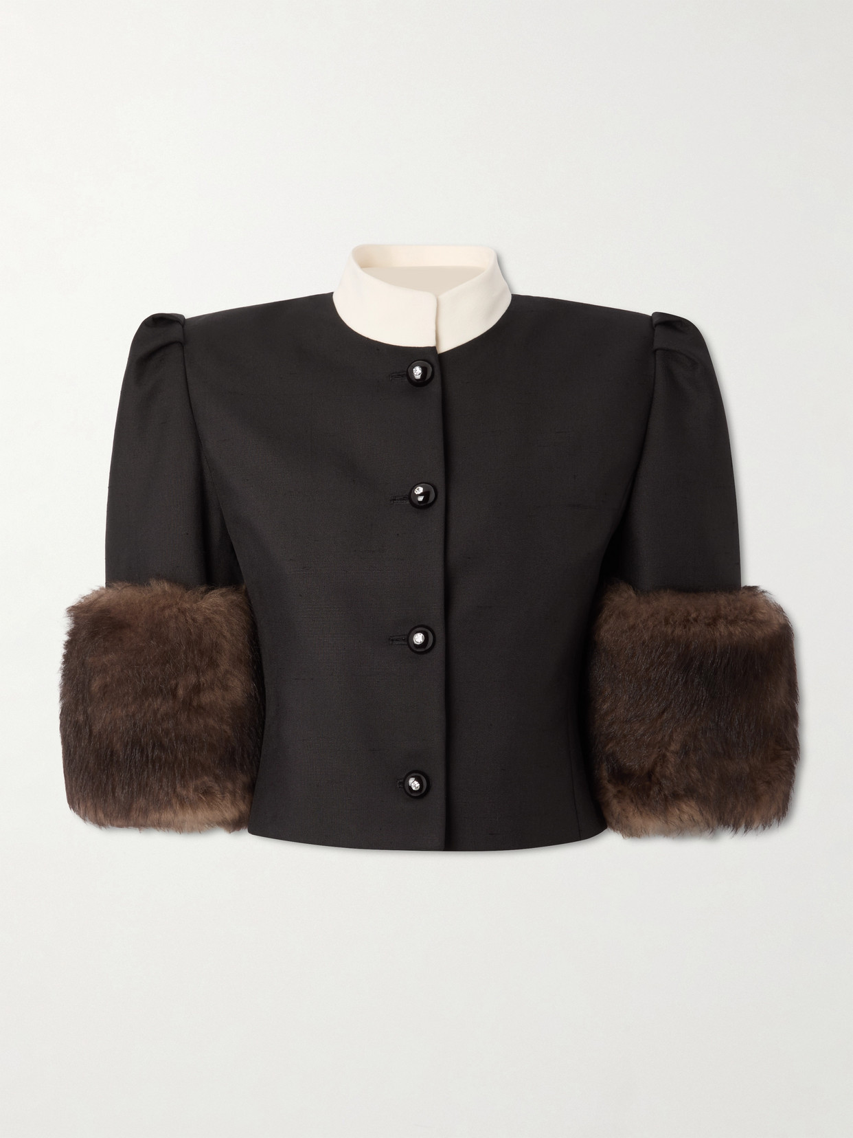 Valentino Cropped Shearling-trimmed Embellished Silk Jacket In Black