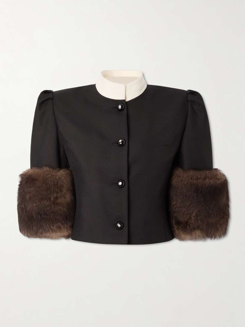 Valentino Garavani Cropped Shearling-trimmed Embellished Silk Jacket