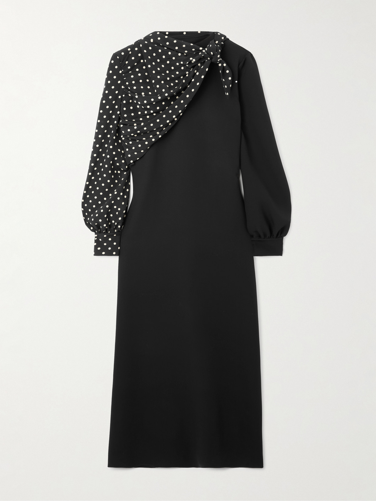 Valentino Draped Polka-dot Silk Midi Dress In Black
