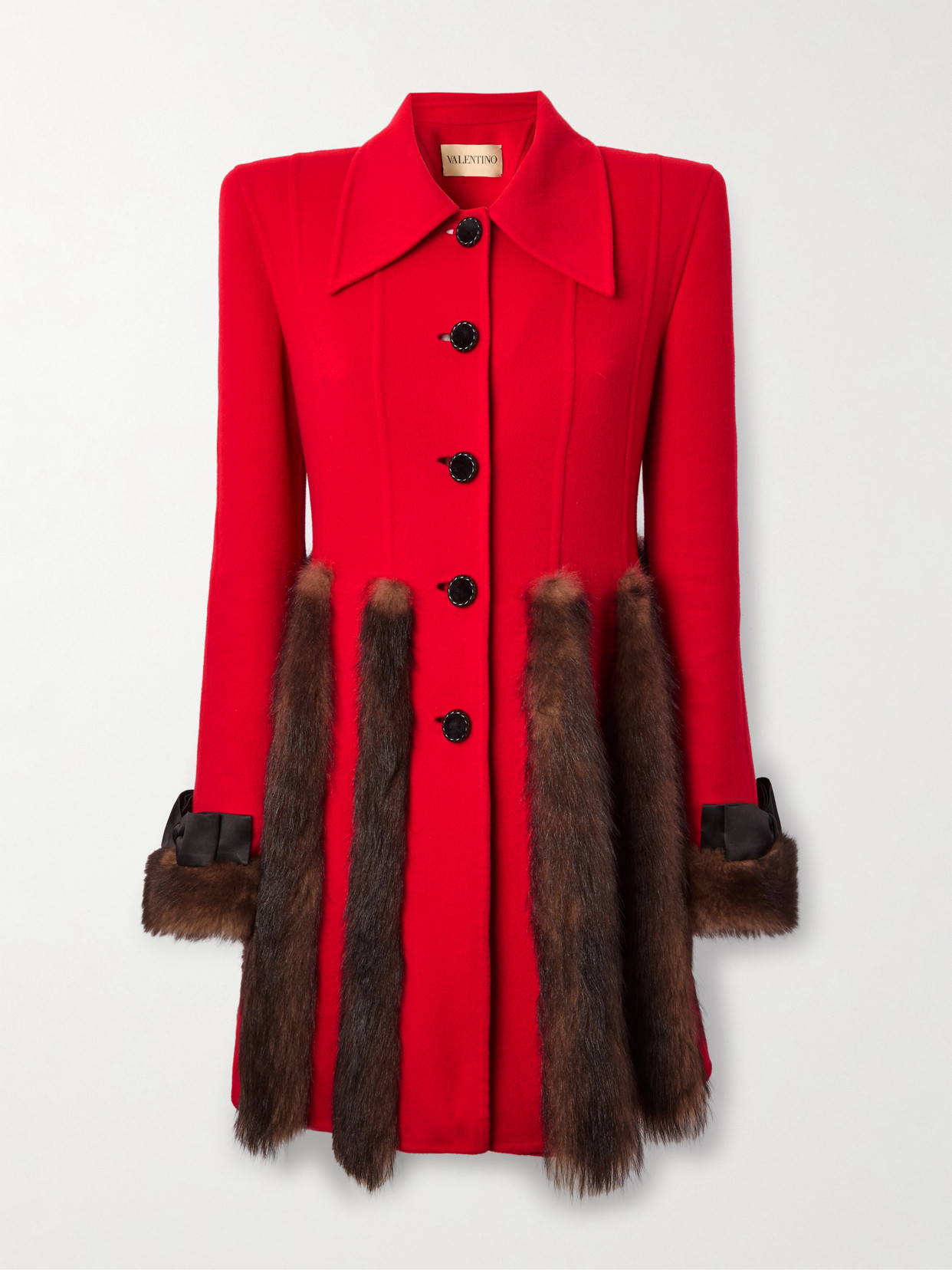 Valentino Bow-detailed- Shearling-trimmed Cashmere Coat In Red
