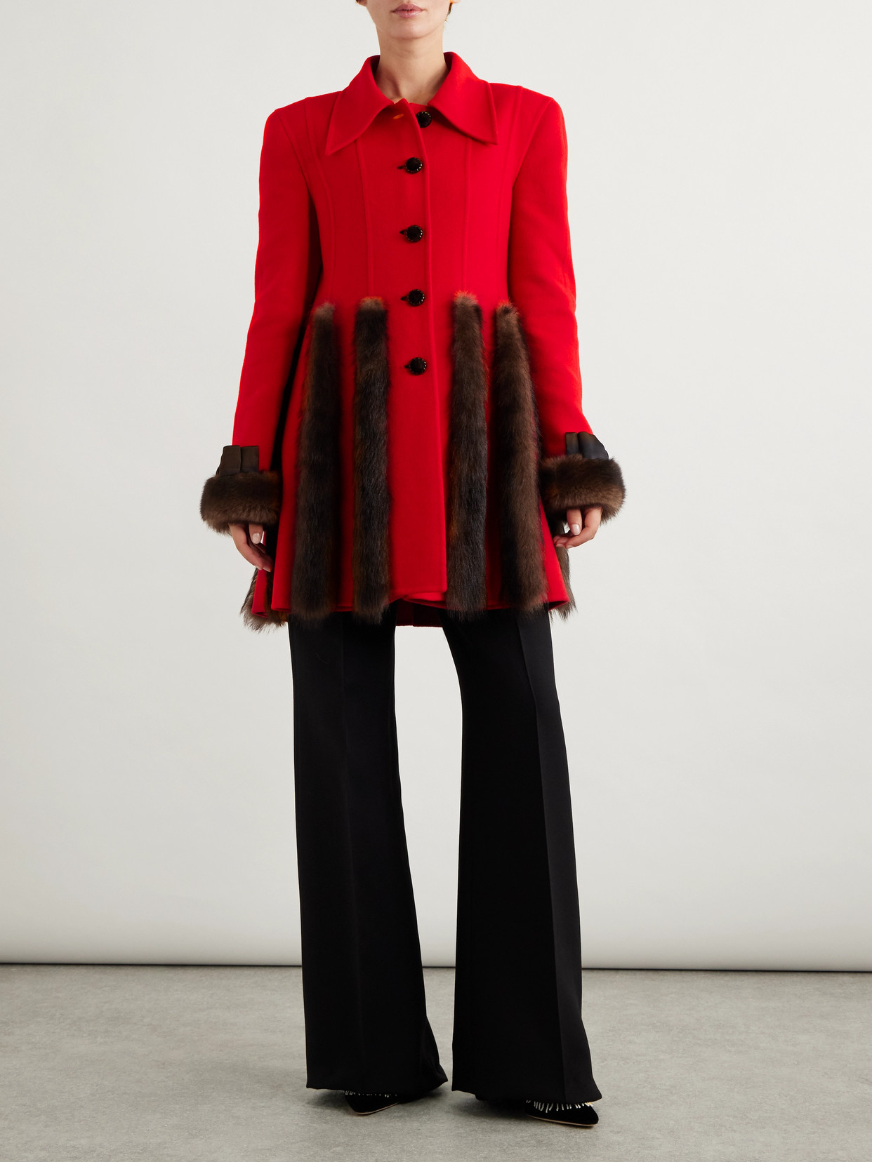 Valentino Bow-detailed- Shearling-trimmed Cashmere Coat In Red