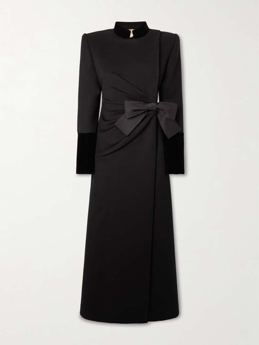 Valentino Garavani Bow-detailed Velvet-trimmed Wool And Cashmere-blend Coat