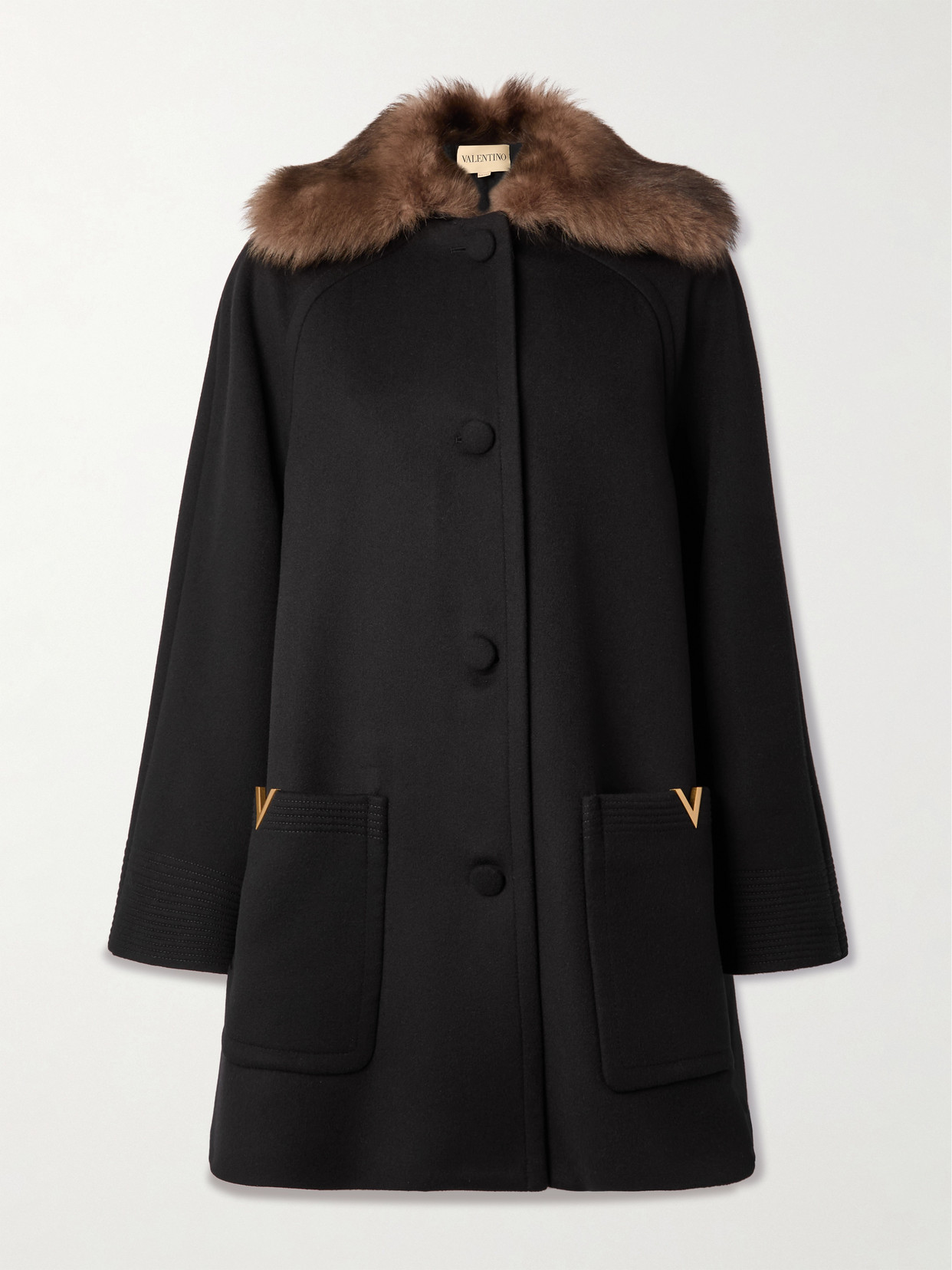 Valentino Shearling-trimmed Embellished Wool Coat In Black
