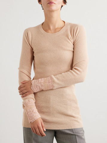 Valentino Garavani Lace-trimmed ribbed cashmere top