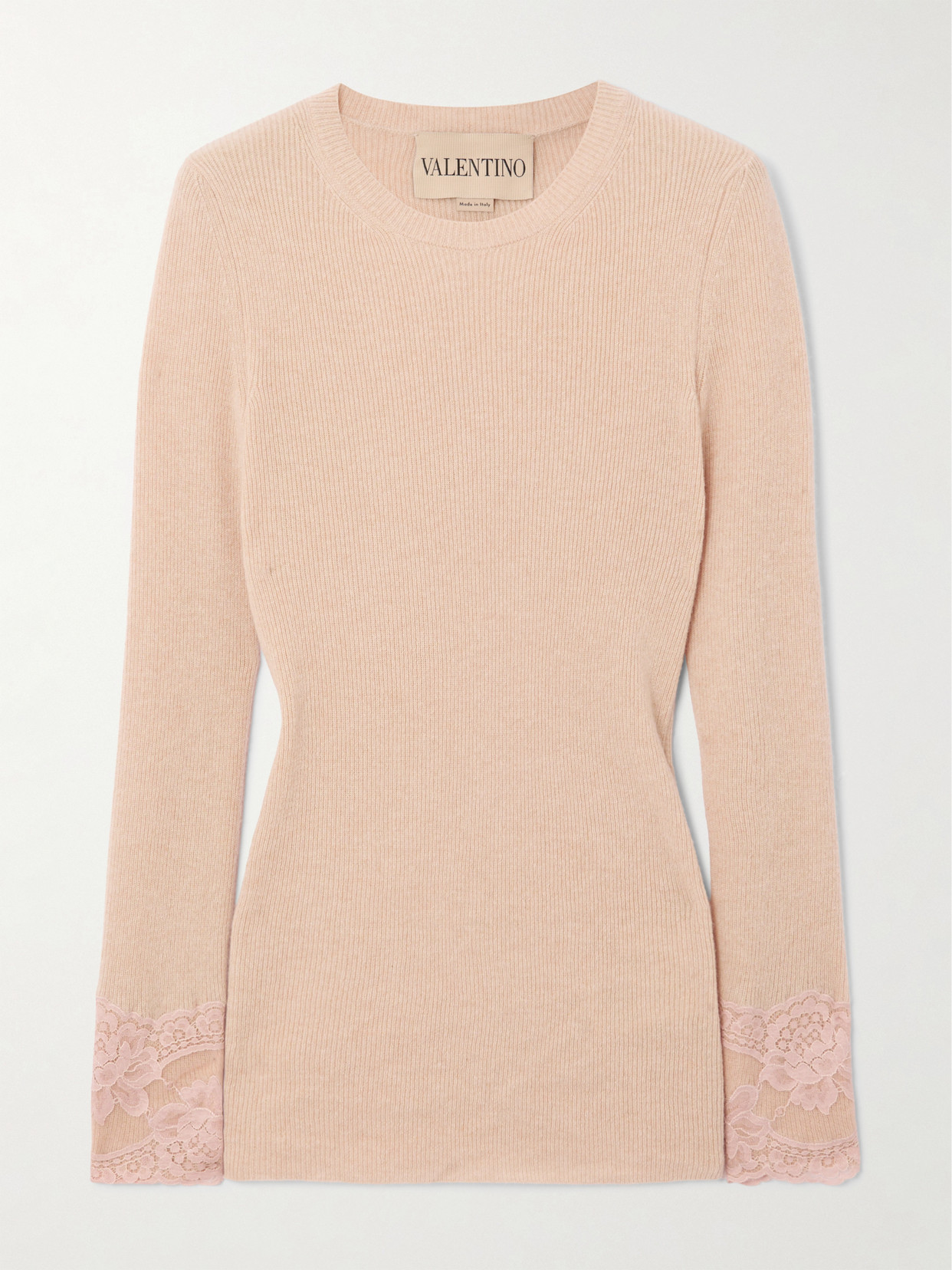 Valentino Lace-trimmed Ribbed Cashmere Top In Pink