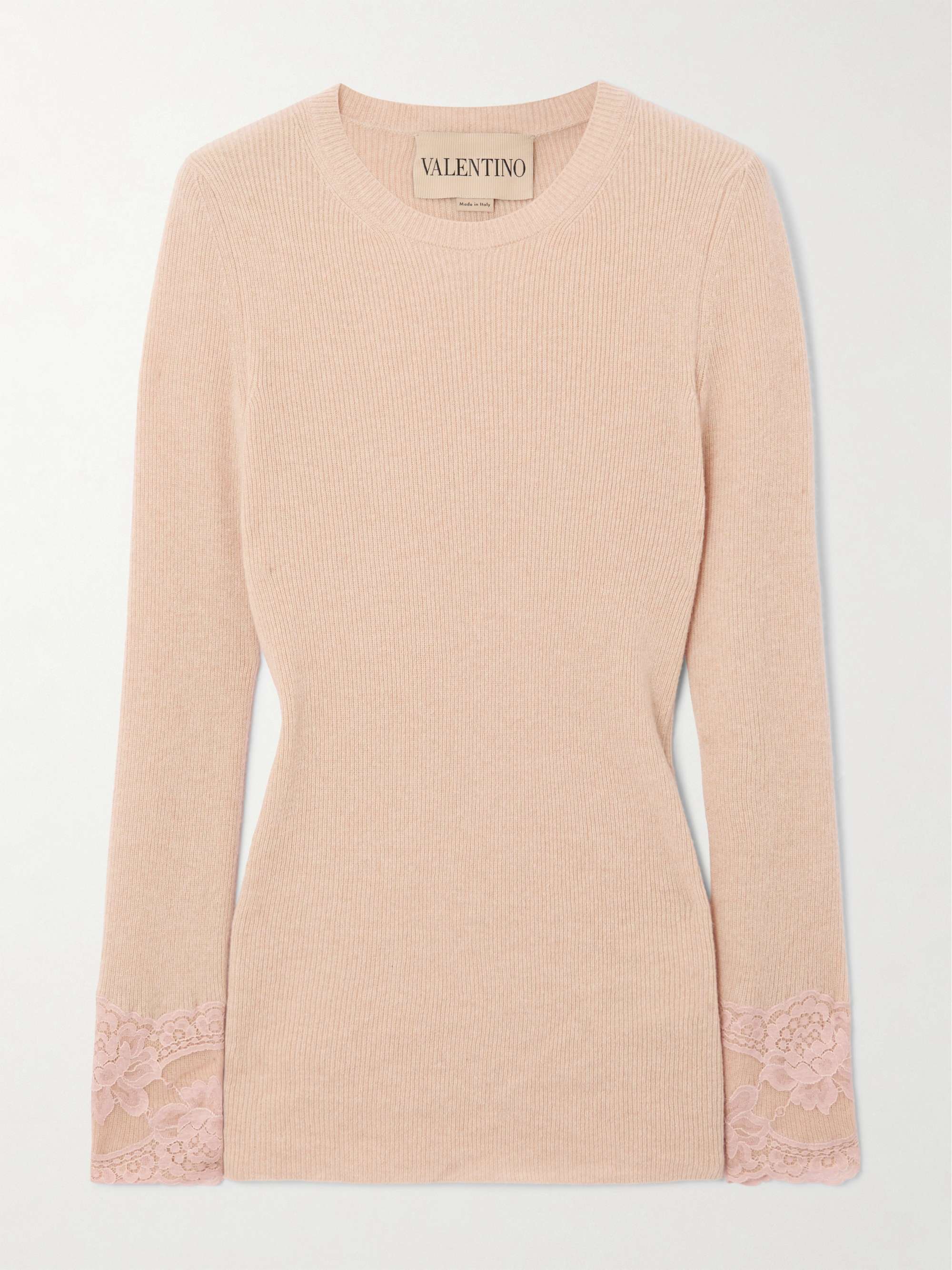 VALENTINO GARAVANI Lace-trimmed ribbed cashmere top | NET-A