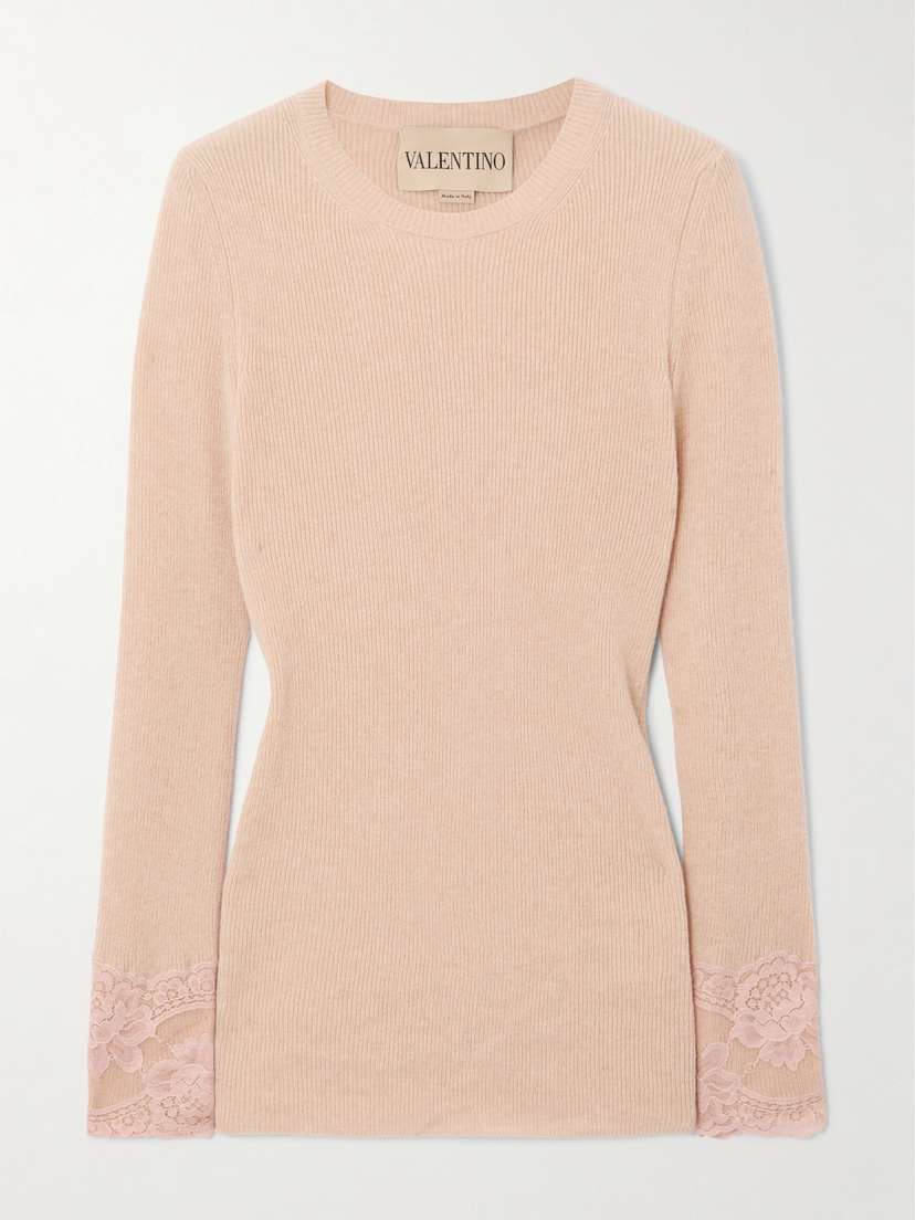 Valentino Garavani Lace-trimmed Ribbed Cashmere Top
