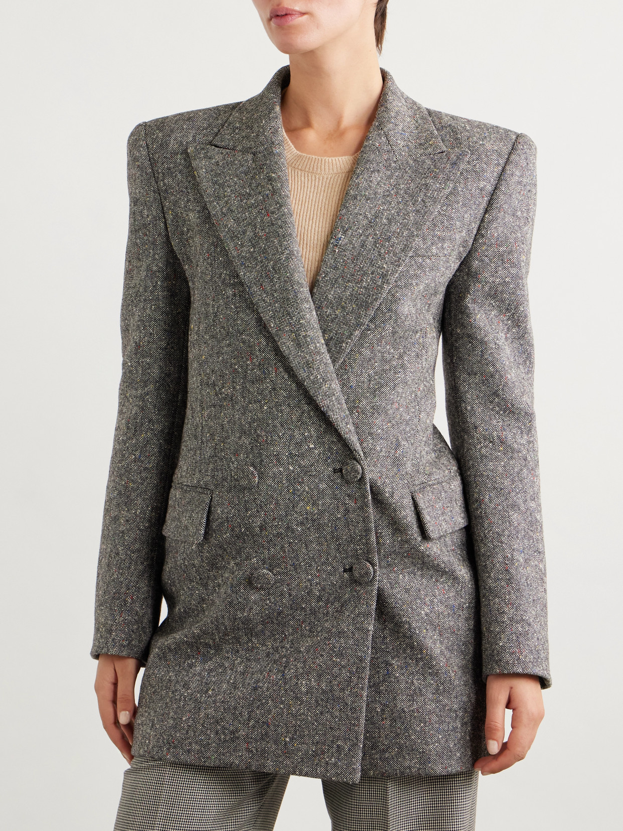 Valentino Double-breasted Wool-blend Tweed Blazer In Gray