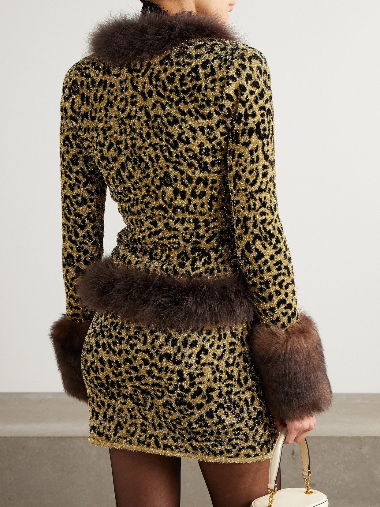Valentino Feather And Shearling-trimmed Leopard-jacquard Lurex Cardigan In Multi