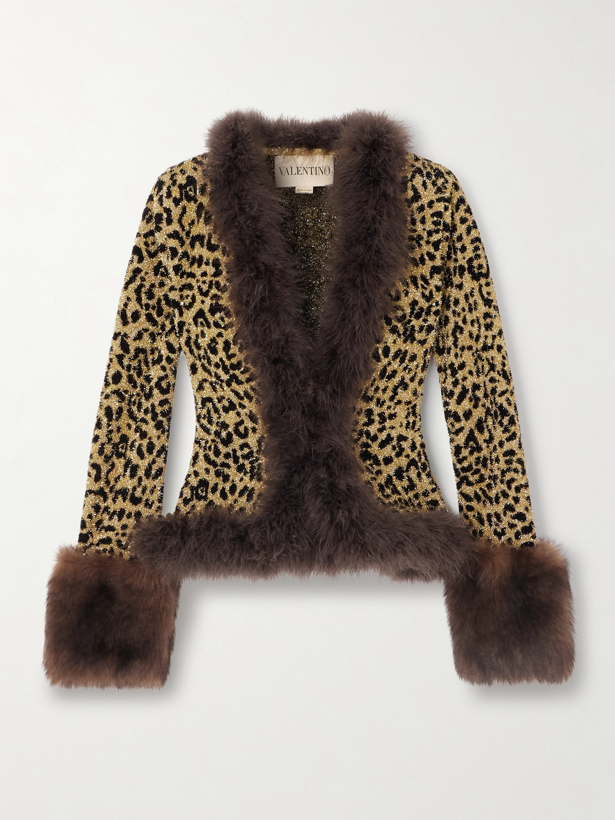Valentino Feather And Shearling-trimmed Leopard-jacquard Lurex Cardigan In Multi