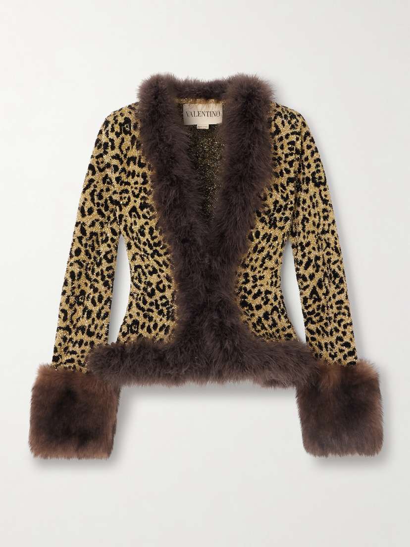 Valentino Garavani Feather And Shearling-trimmed Leopard-jacquard Lurex Cardigan