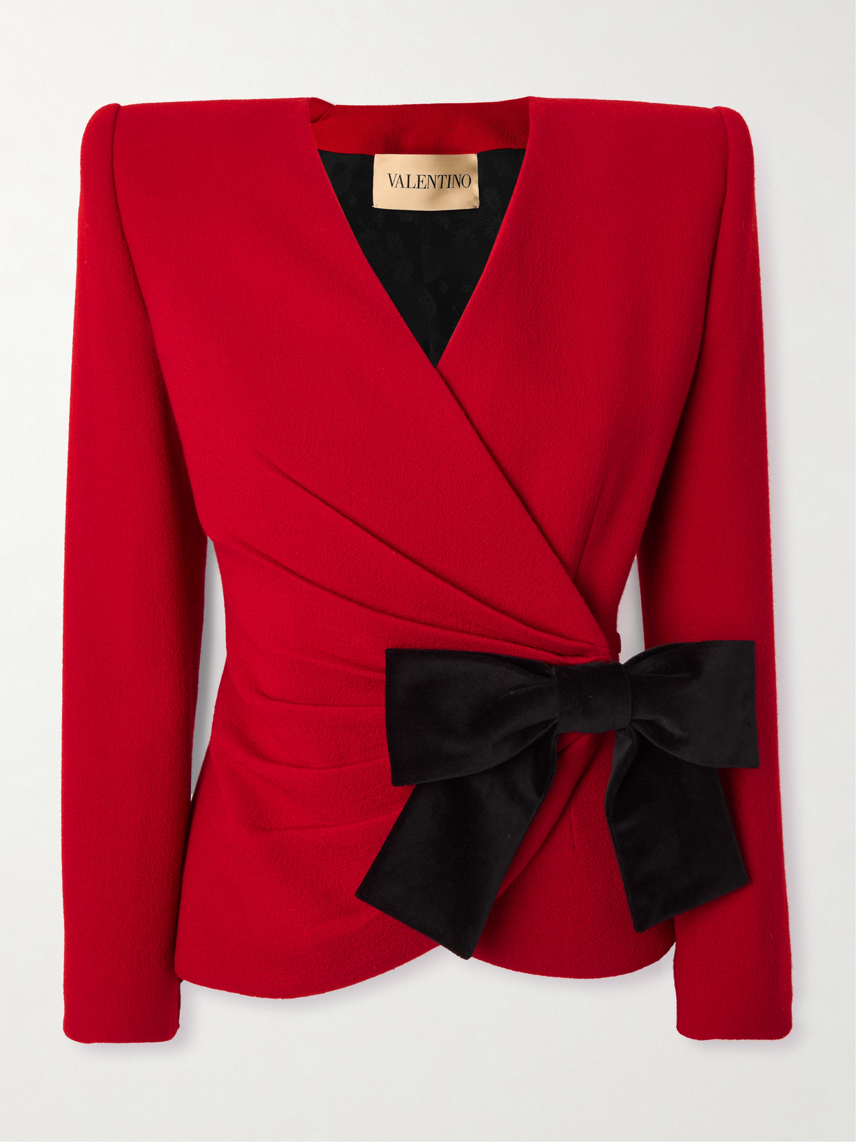 Valentino Bow-detailed Ruched Wool-crepe Wrap Jacket In Red