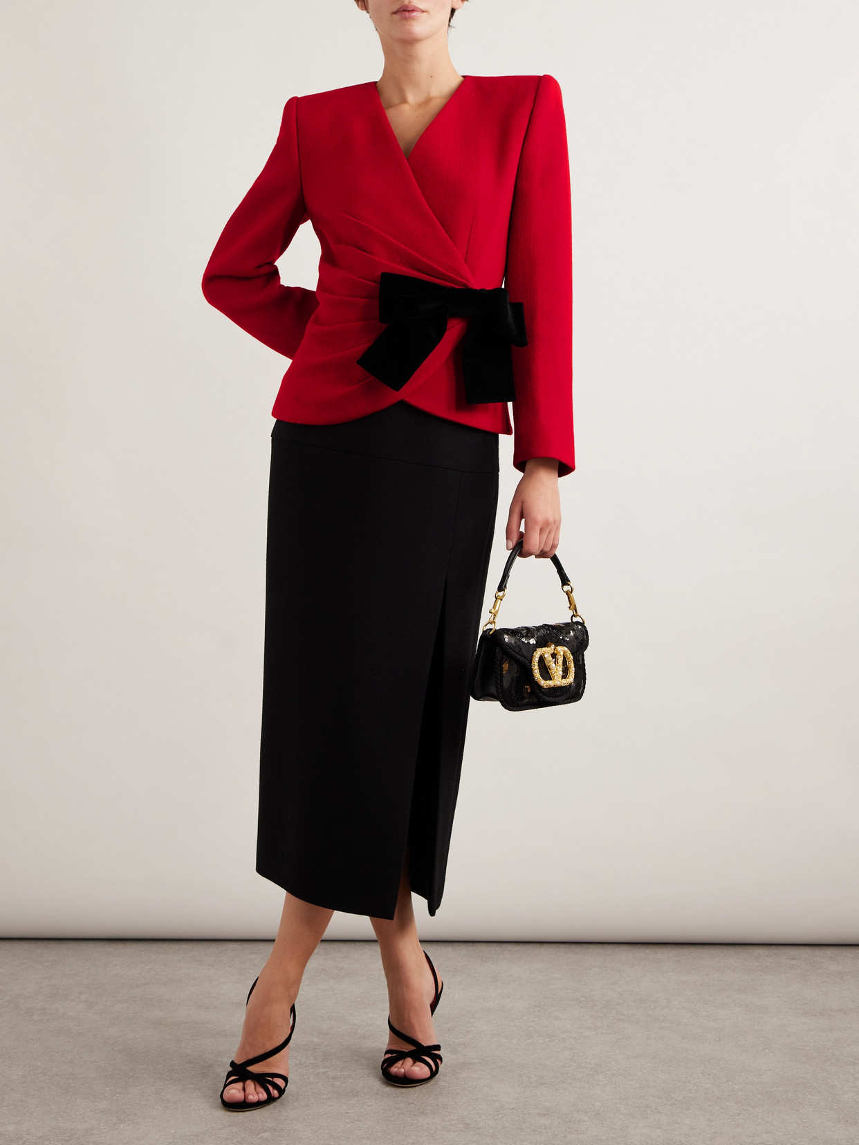 Valentino Bow-detailed Ruched Wool-crepe Wrap Jacket In Red