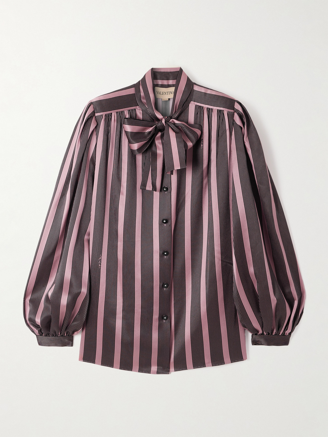 Valentino Pussy-bow Striped Silk-satin Blouse In Purple