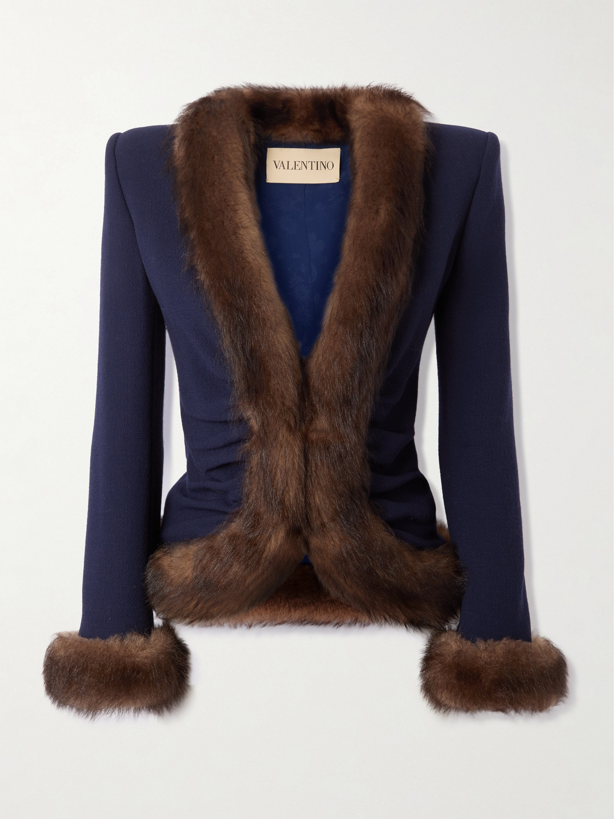 Valentino Shearling-trimmed Wool Jacket In Blue