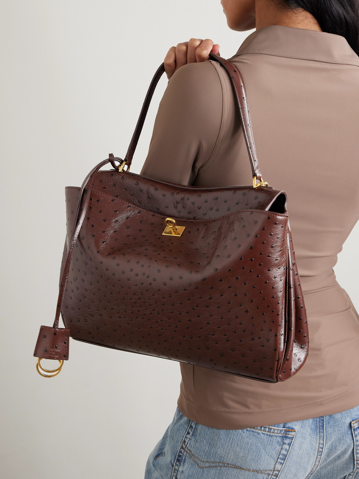 Balenciaga Rodeo Medium Ostrich-embossed Top-handle Bag In 2053 Chocolate