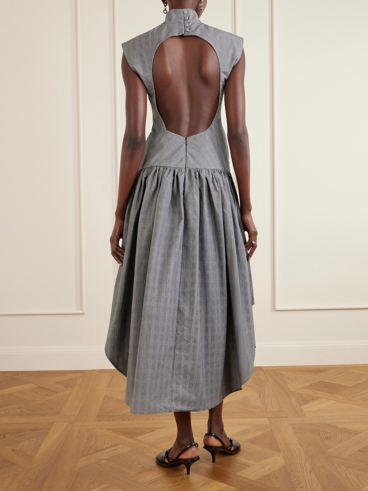 Tolu Coker Open-back Gahered Cutout Checked Organic Cotton Maxi Dress In Gray