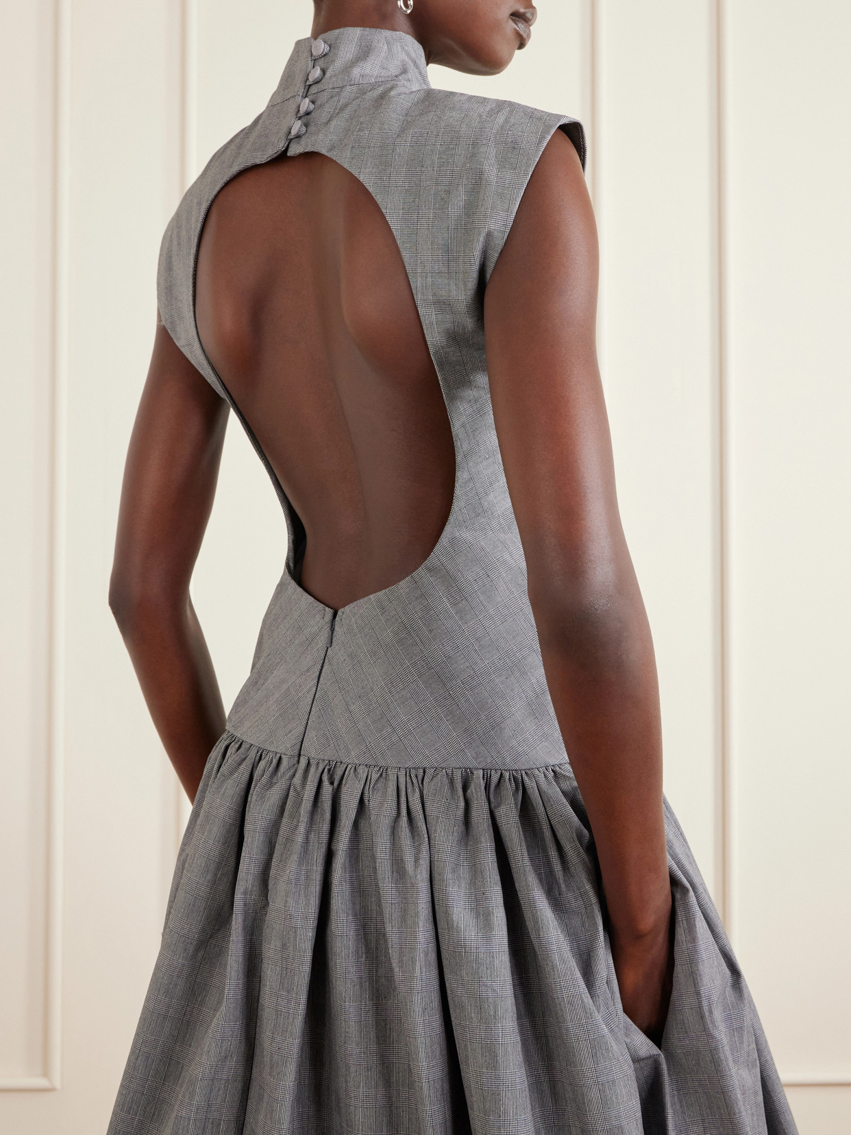 Tolu Coker Open-back Gahered Cutout Checked Organic Cotton Maxi Dress In Gray