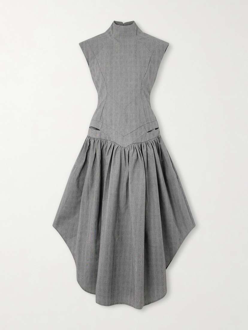 Tolu Coker Open-back Gahered Cutout Checked Organic Cotton Maxi Dress