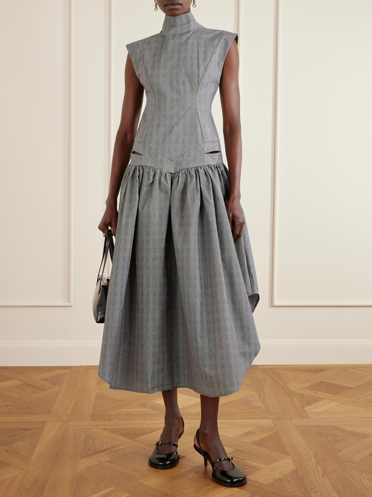 Tolu Coker Open-back Gahered Cutout Checked Organic Cotton Maxi Dress In Gray