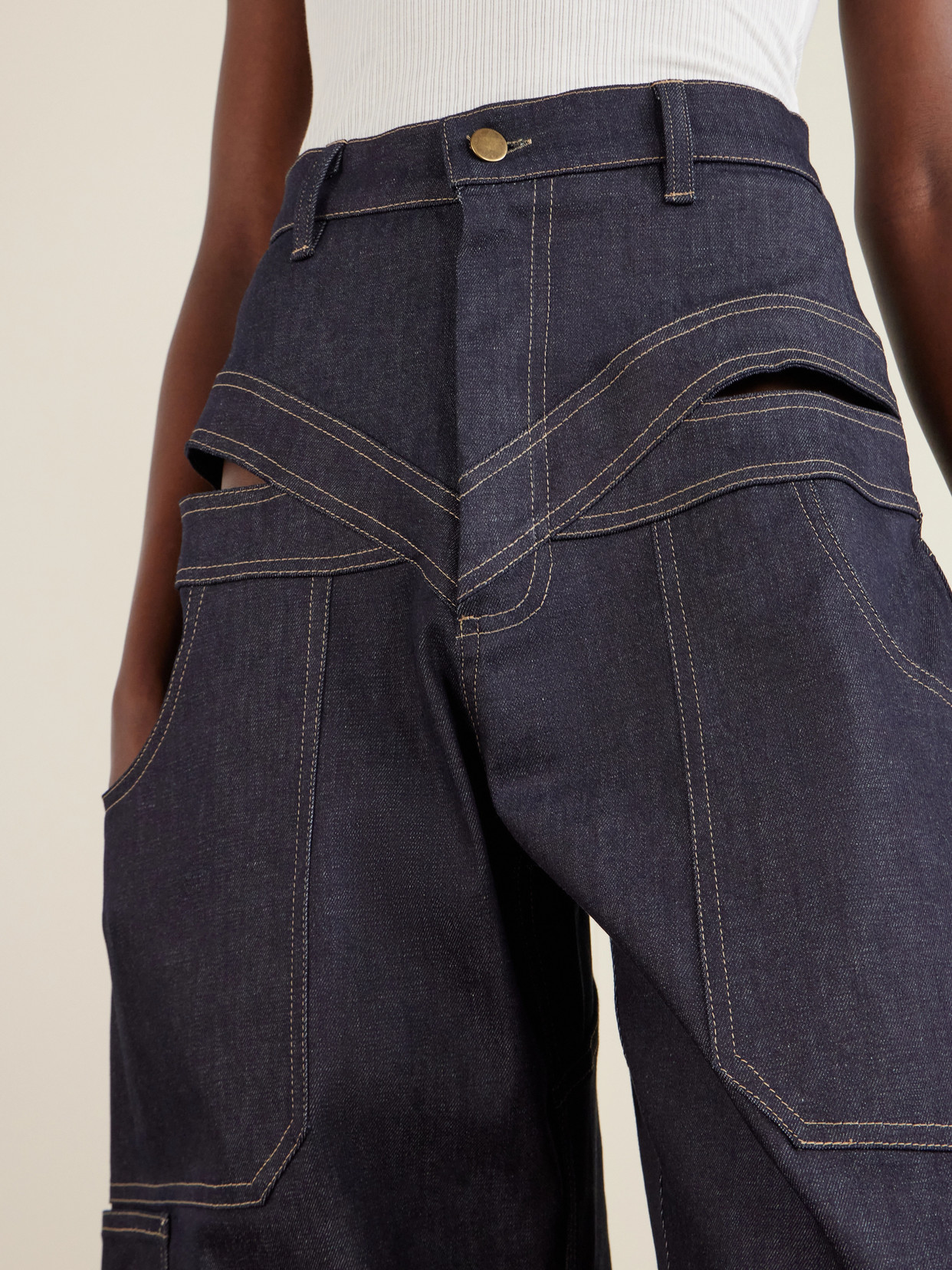 Banana Cutout High-Rise Barrel-Leg Jeans