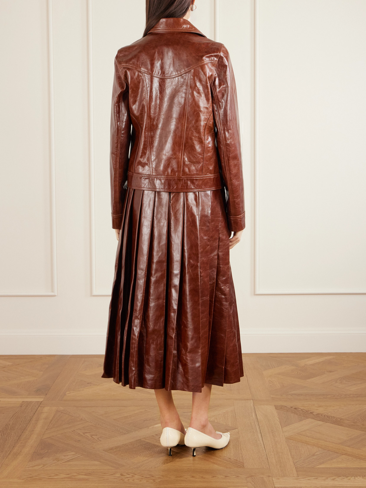 Tolu Coker Paneled Glossed-leather Jacket In Brown