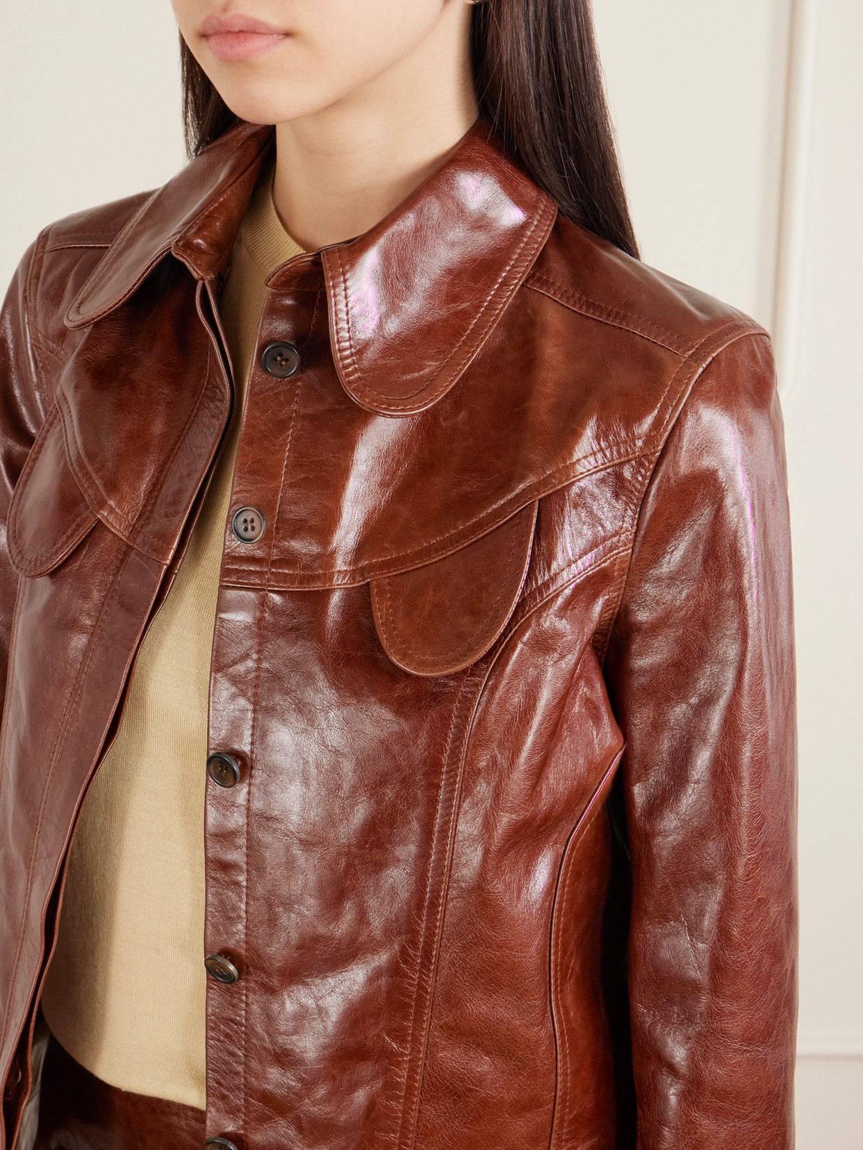 Tolu Coker Paneled Glossed-leather Jacket In Brown