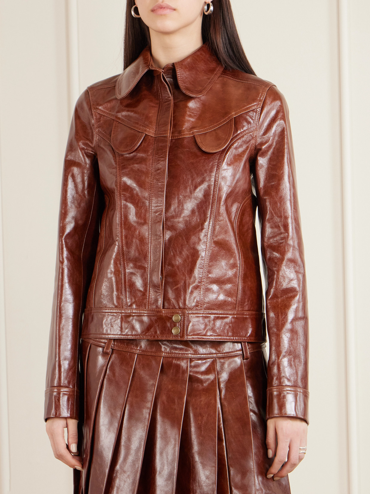 Tolu Coker Paneled Glossed-leather Jacket In Brown