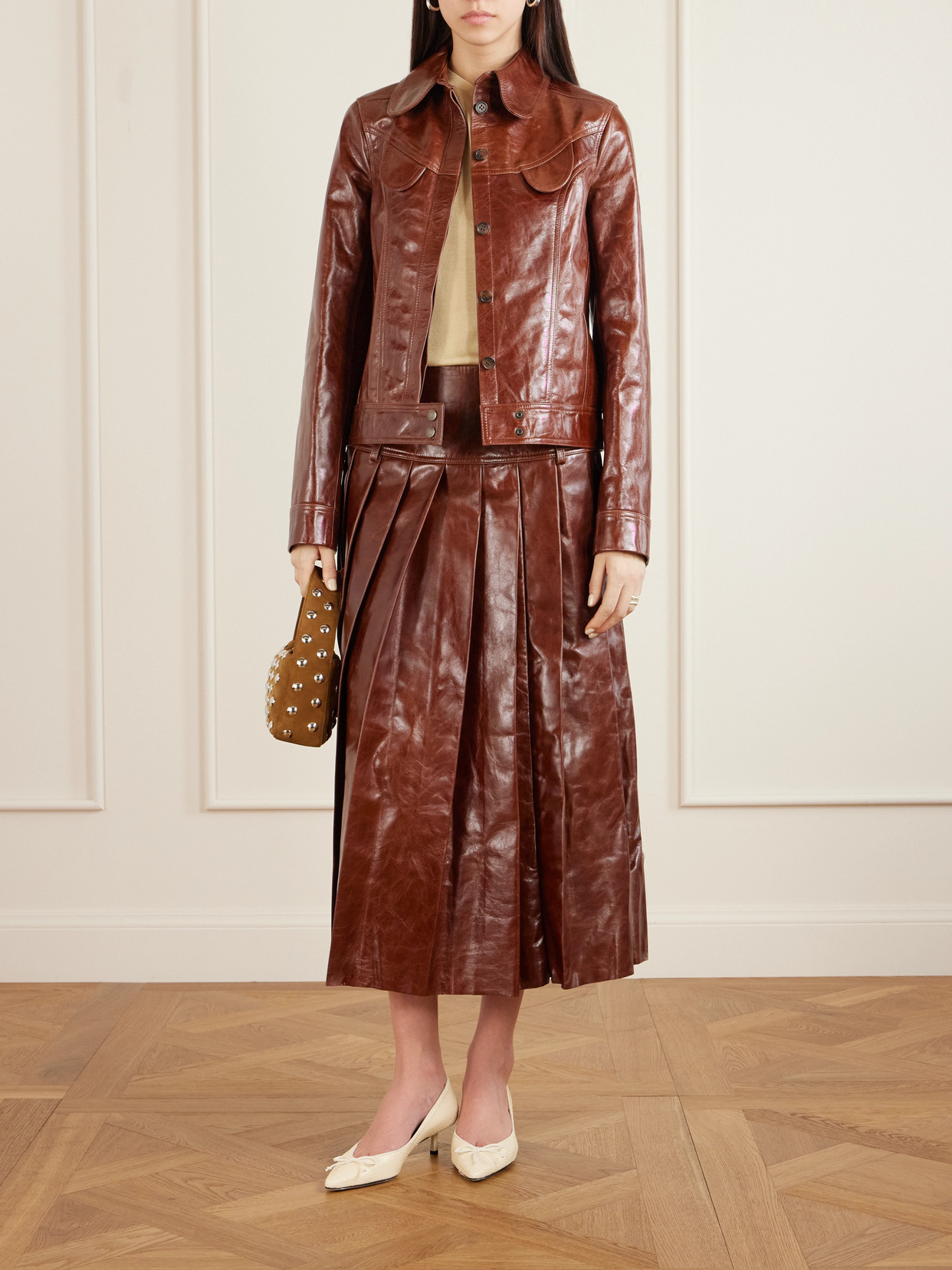 Tolu Coker Paneled Glossed-leather Jacket In Brown