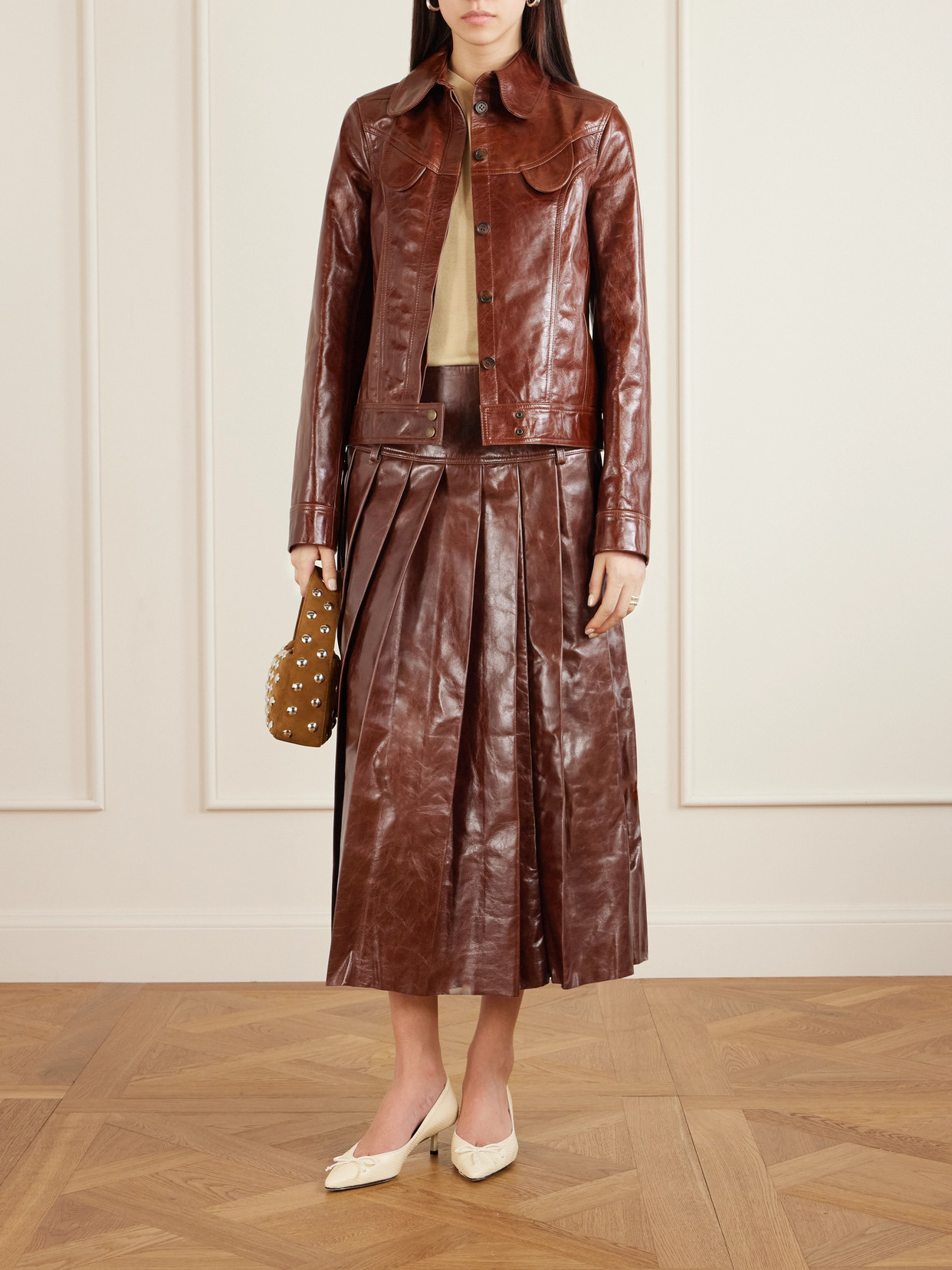 Tolu Coker Pleated Glossed-leather Midi Skirt In Brown