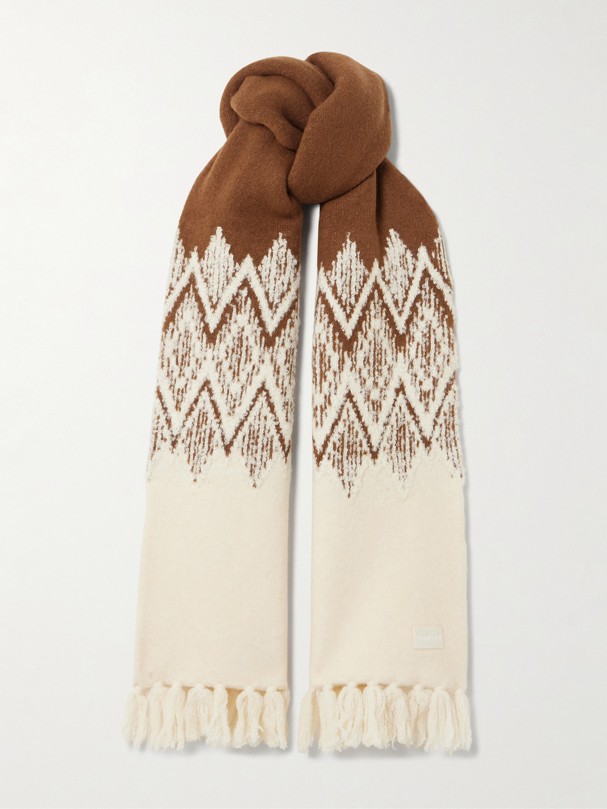 Varley Sebastian Fringed Fair Isle Knitted Scarf In Brown