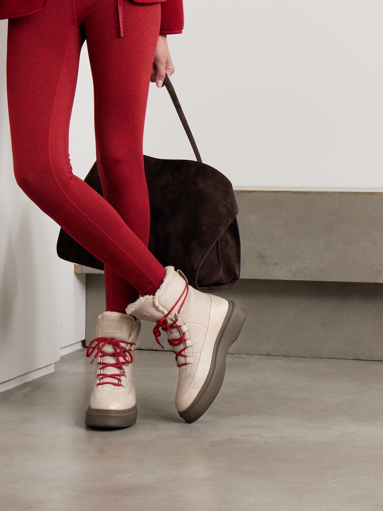 Varley Selva Wool-trimmed Leather Ankle Boots In Neutral