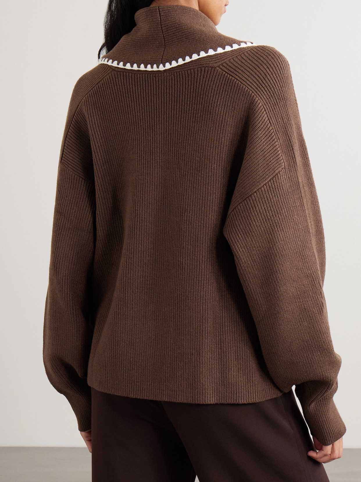 Varley Totley Embroidered Ribbed-knit Cardigan In Brown