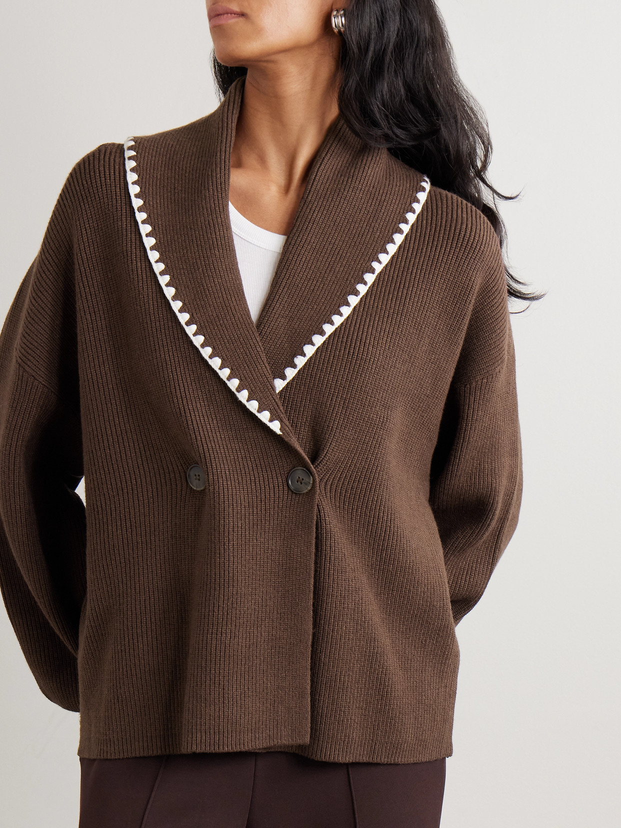 Varley Totley Embroidered Ribbed-knit Cardigan In Brown