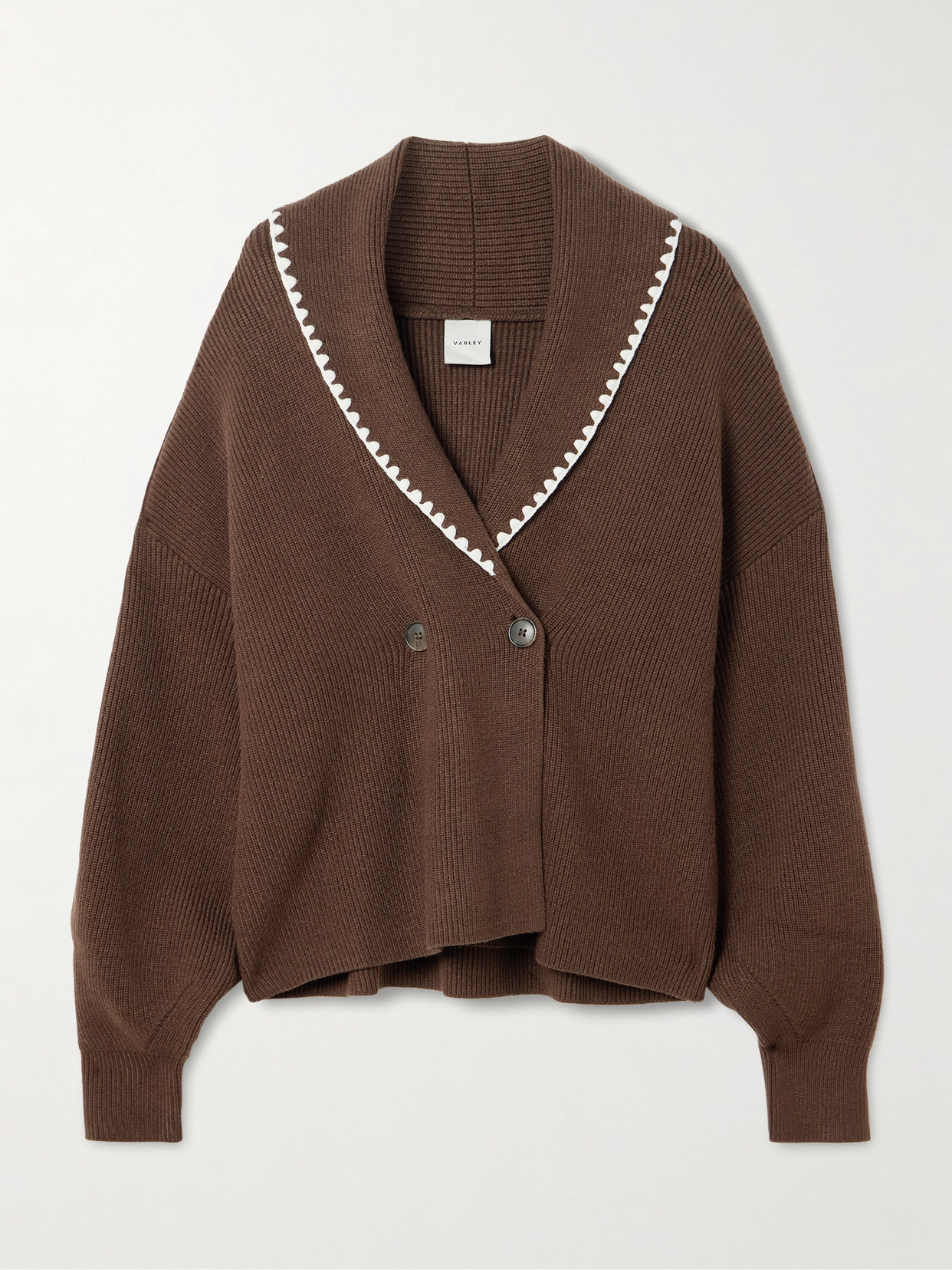 Varley Totley Embroidered Ribbed-knit Cardigan In Brown