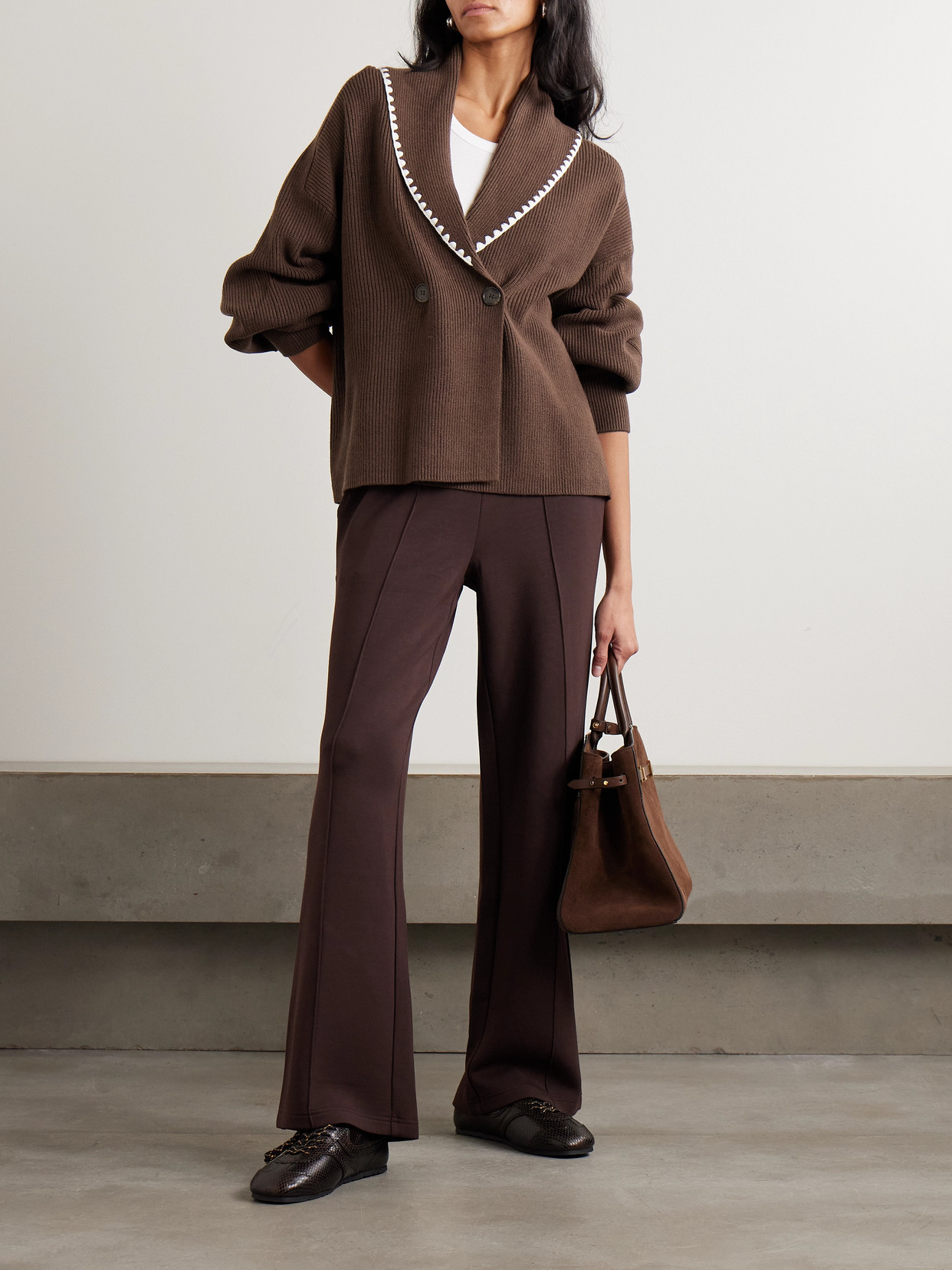 Varley Totley Embroidered Ribbed-knit Cardigan In Brown