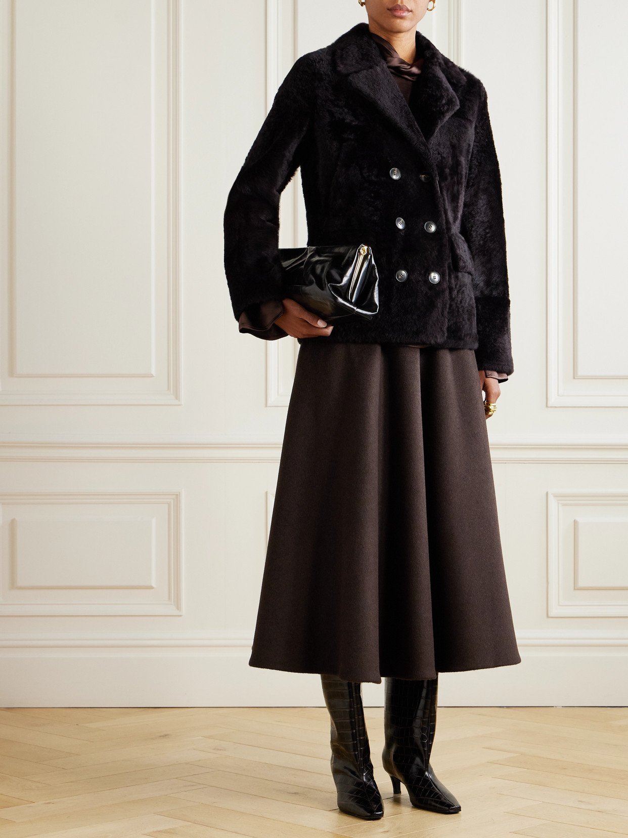 Yves Salomon Double-breasted Shearling Jacket In Brown