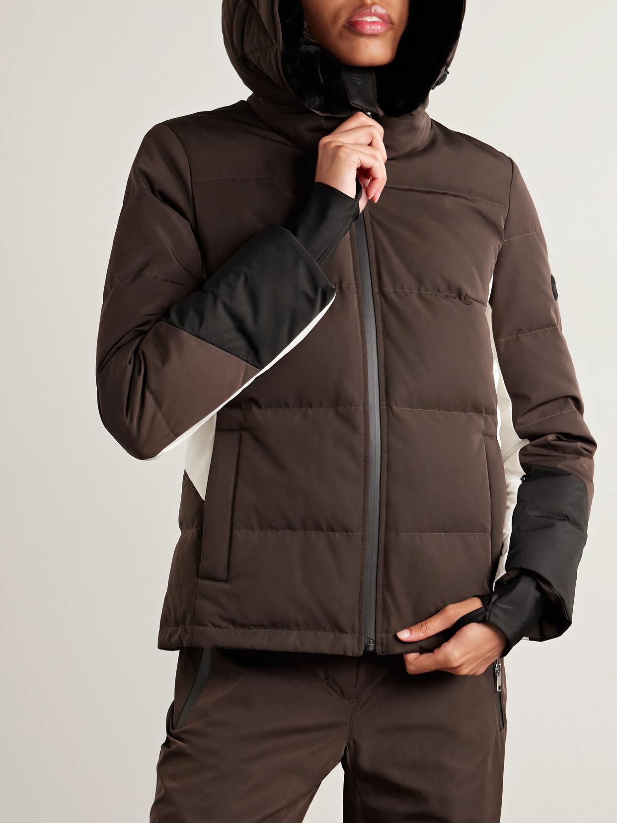 Yves Salomon Shearling-trimmed Color-block Padded Shell Ski Jacket In Brown