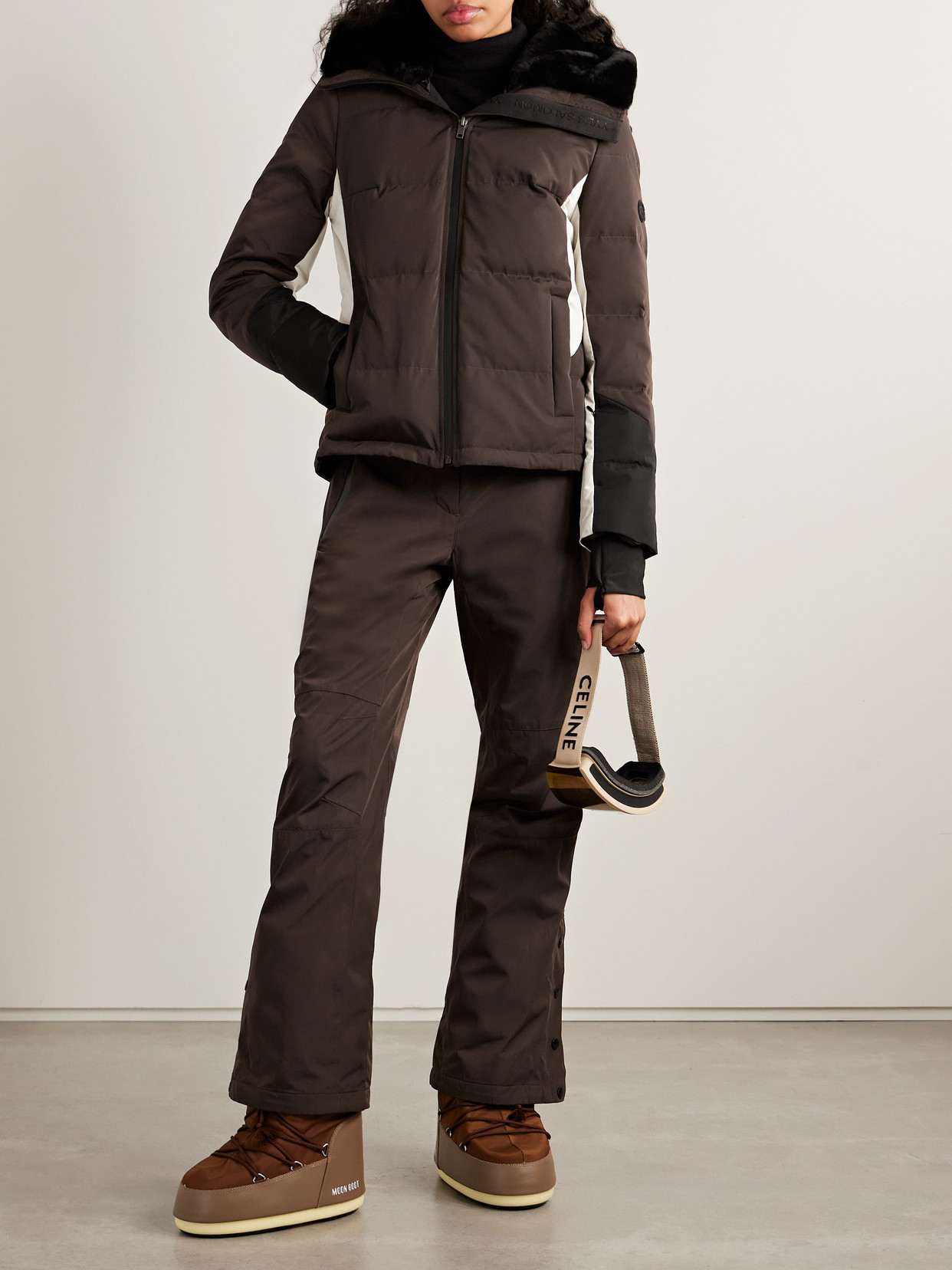 Yves Salomon Shearling-trimmed Color-block Padded Shell Ski Jacket In Brown