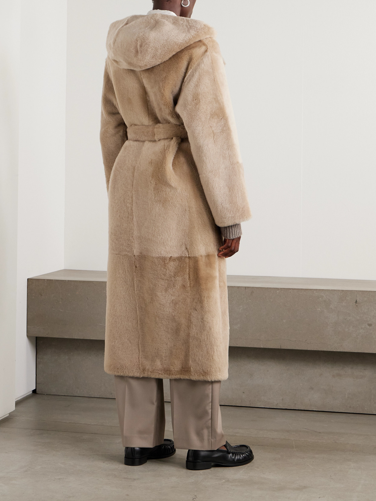 Hooded Belted Shearling Coat