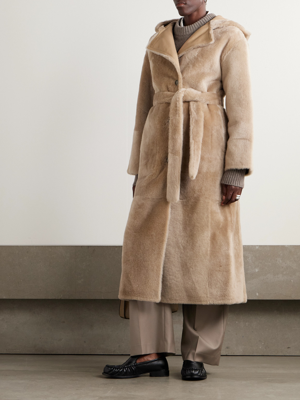Hooded Belted Shearling Coat