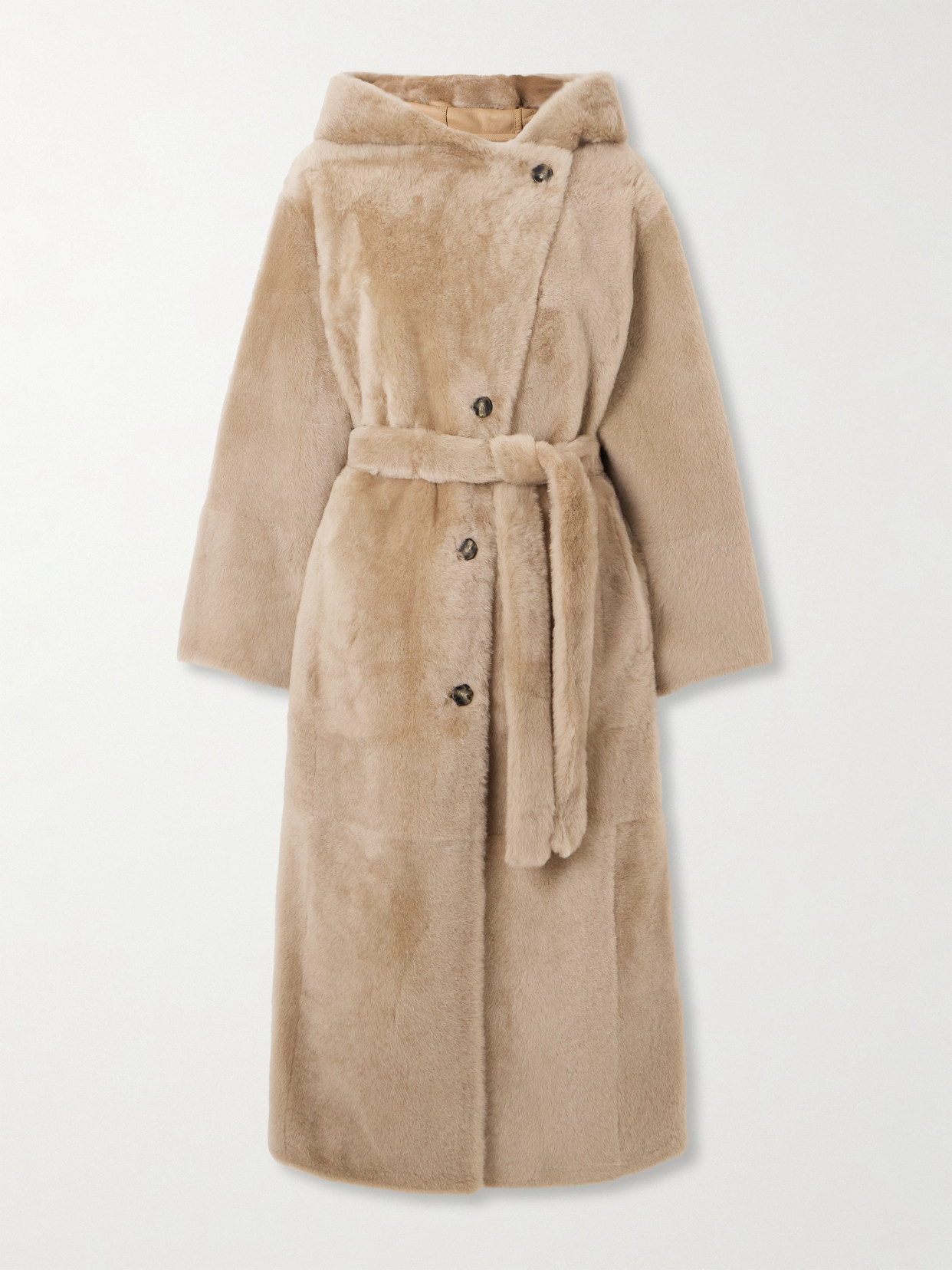 Yves Salomon Hooded Belted Shearling Coat In Brown