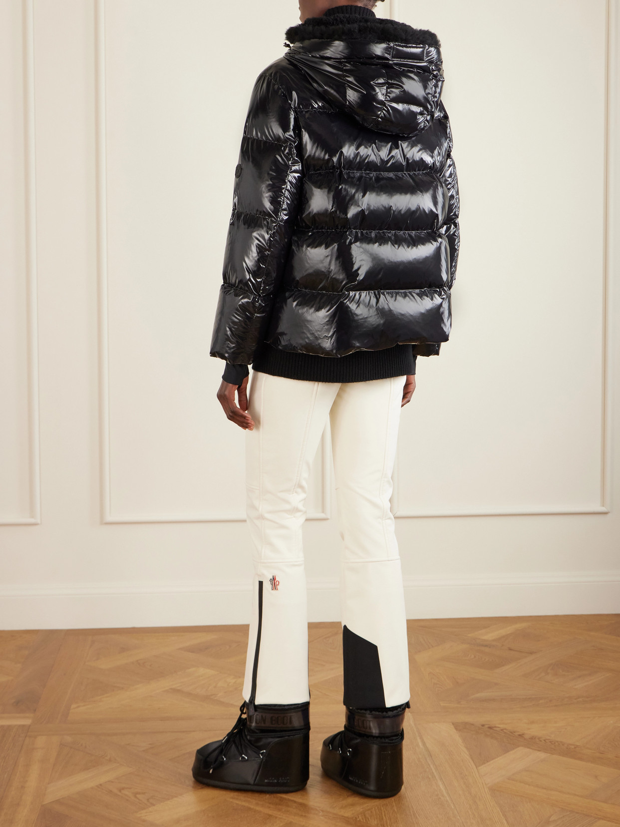Shearling-Trimmed Glossed-Shell Down Ski Jacket