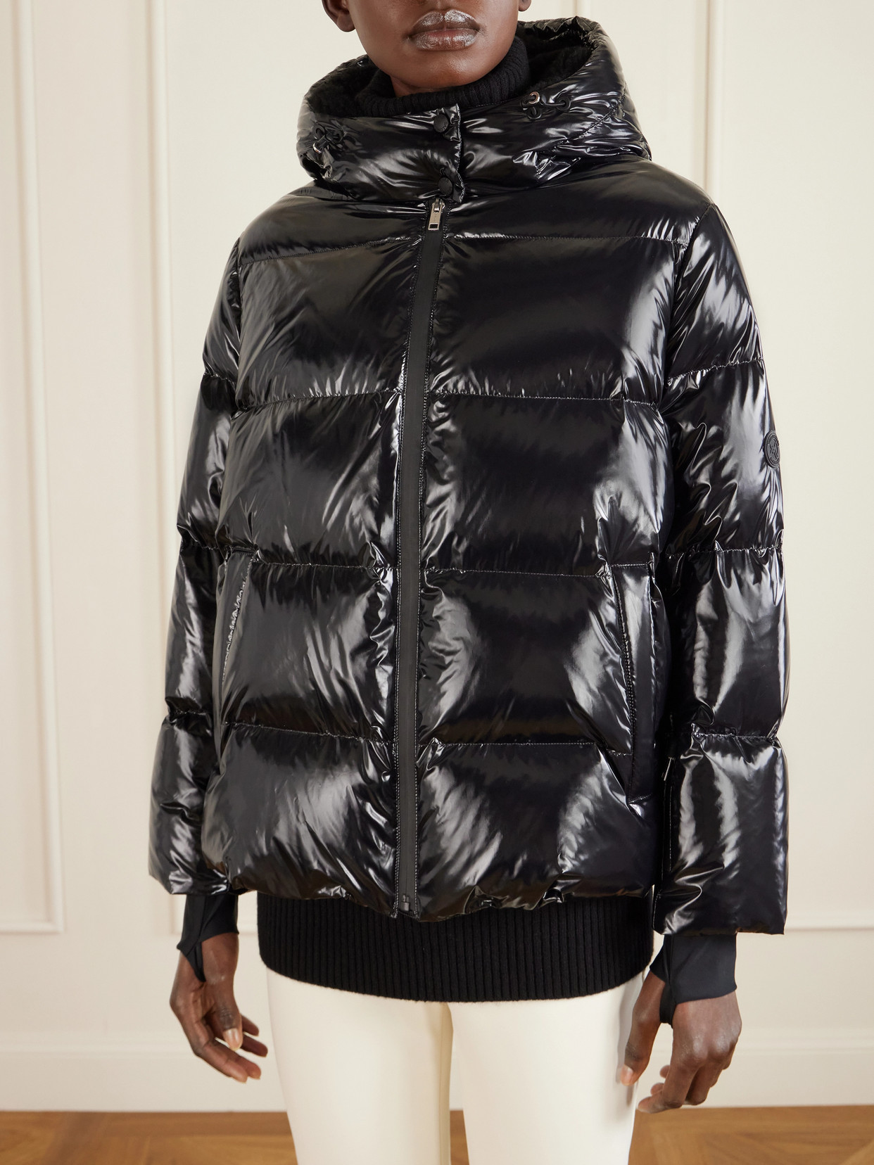 Shearling-Trimmed Glossed-Shell Down Ski Jacket