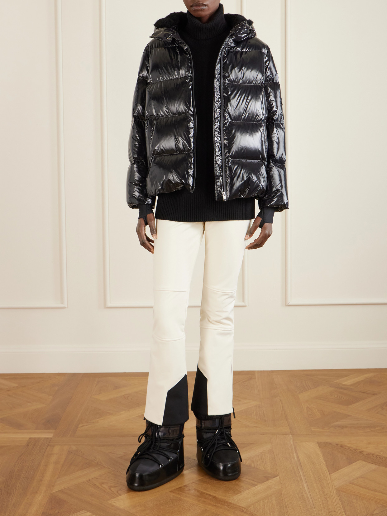 Shearling-Trimmed Glossed-Shell Down Ski Jacket