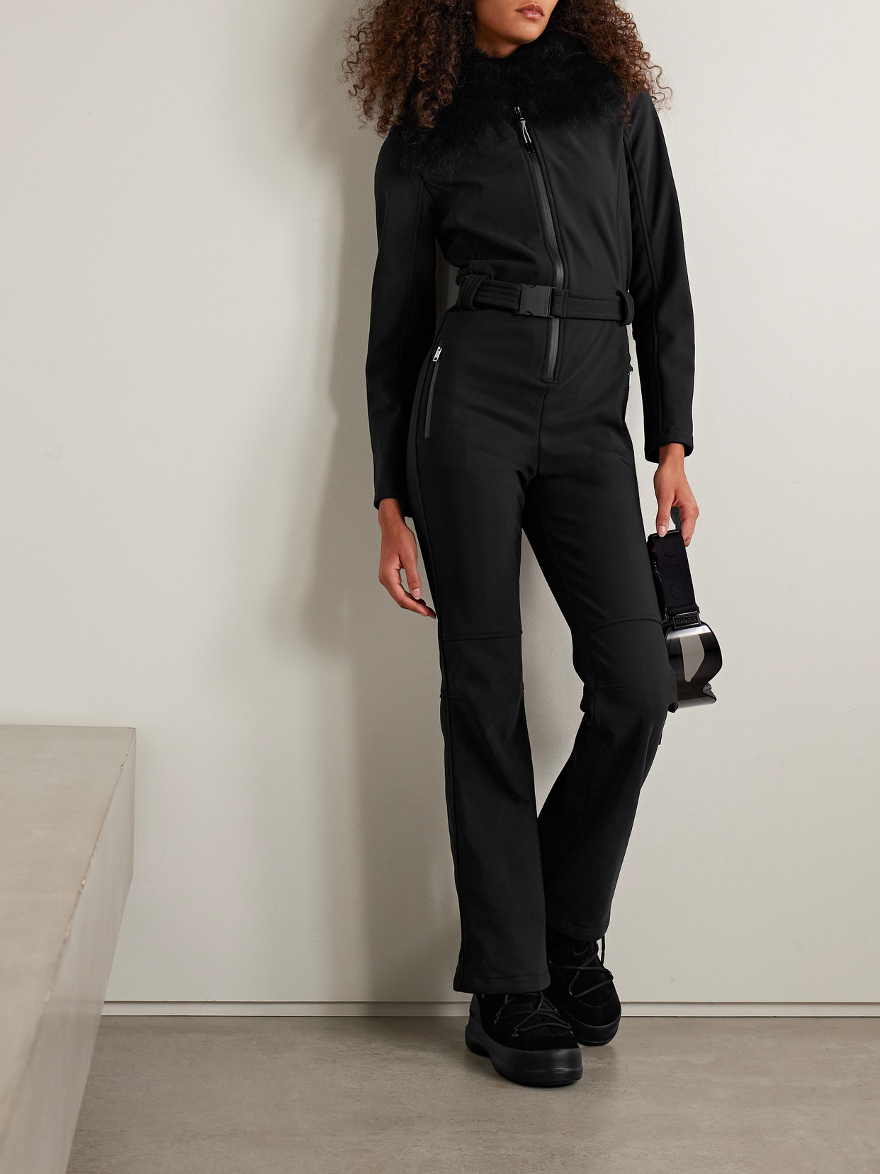 Yves Salomon Belted Shearling-trimmed Ski Suit In Black