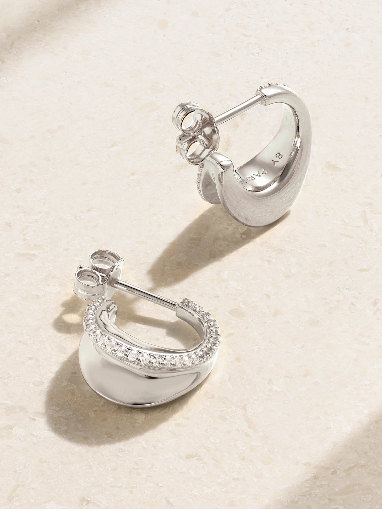 By Pariah O Huggies Mini Recycled Sterling Silver Sapphire Hoop Earrings In Metallic
