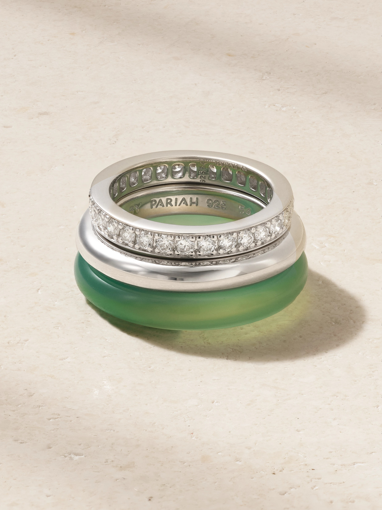 By Pariah - Kalahari Set Of Three Sterling Silver, Chalcedony And Diamond Rings - Green