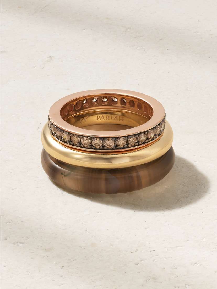 By Pariah Kalahari Set Of Three 14-karat Gold, Agate And Diamond Ring