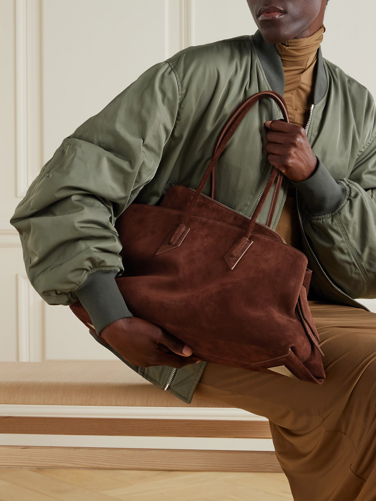 Attico Rectangular Suede Finish Double Handles Shoulder Bag In Brown
